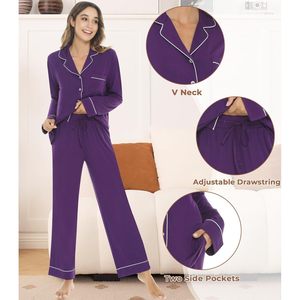 Conjunto de Pijama para Mujer, Manga Larga, con Botones, Ropa de Dormir Suave de Viscosa de Bambú, Estilo Clásico, Manga Larga, 2 Piezas - Product Image 4