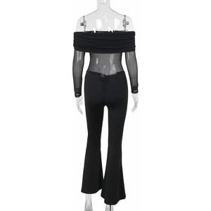 Combinaison noire personnalisée 2026 pour femme, taille haute, manches longues, maille transparente, jambes évasées, tenue une pièce sexy pour club - Product Image 2