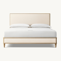 Modernes Minimalistisches Polsterbett mit Massivem Eichenholzrahmen, Stoffkopf- und Fußteil sowie Quadratischen Beinen für Hauptschlafzimmer und Hotelzimmer