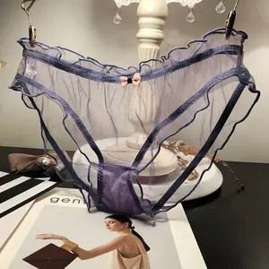 Mutandine Sexy Trasparenti da Donna con Fiocco Rosa, Slip in Cotone, Biancheria Intima Femminile Traspirante in Rete con Bordi Ondulati e Dettagli Traforati - Product Image 4
