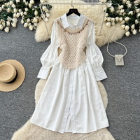 Ensemble deux pièces d'été pour femme : Robe midi élégante à col revers et manches bouffantes en crochet patchwork, idéale pour le bureau