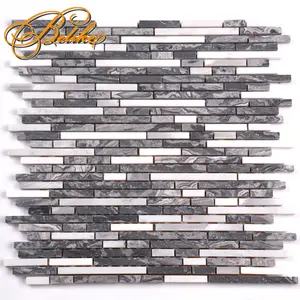 Marble Mosaic Wall Tile Slim Strip Form Interlocking Style Persian Grey Brushed Aluminum Back Splash Covering Features Stone