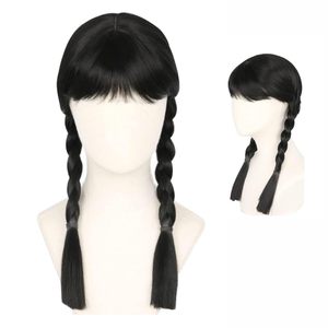 <span class=keywords><strong>Perruque</strong></span> de cosplay HLC à faible coût, personnalisée, pour Halloween, style <span class=keywords><strong>Addams</strong></span>, inspirée du film Wednesday, noire, avec frange droite et deux longues tresses - Product Image 1
