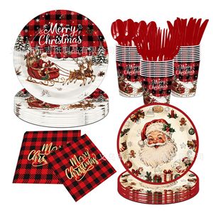 Christmas Party Tableware Set Paper Cups Napkins <b>Disposable</b> <b>Plates</b> Santa Claus Design Holiday Supplies - Product Image 1