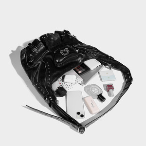 Sweet Cool Girl Fashion PU Zipper Large Capacity Handbag Versatile Single Shoulder Underarm Motorcycle Bag Heavy <b>Rivet</b> Tanjing - Product Image 3