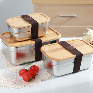 304 Stainless Steel Bamboo Wooden <strong>Cover</strong> Lunch Box Food Grade Sushi Box Division Office Lunch Lunch Container Containers <strong>Lunchbox</strong> - Product Image 5