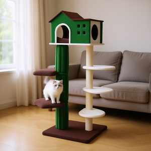 Tiragraffi per Gatti a 4 Livelli con Cuccia, in Legno Verde Ecologico, Arredamento per Gatti da Interno - Product Image 2