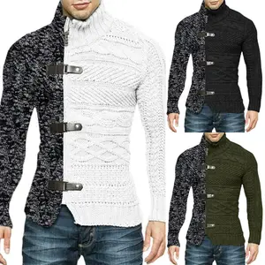 VSCOO ready to ship leather button long sleeve men cardigan turtleneck color block cable slim knitwear coat sweater