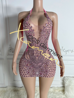 Robe courte rose Ocstrade à dos nu, style licou, avec strass, col en V, pour soirée, club, anniversaire, sexy et luxueuse