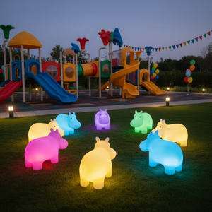 เก้าอี้เด็กฮิปโปเรืองแสงพร้อมไฟ LED สำหรับกลางคืน ควบคุมด้วยรีโมท RGB ปรับความสว่างได้ มาตรฐานกันน้ำ IP65 สำหรับเด็กอายุ 3-6 ปี ชาร์จไฟได้ เหมาะสำหรับสวนและห้องเล่น - Product Image 2