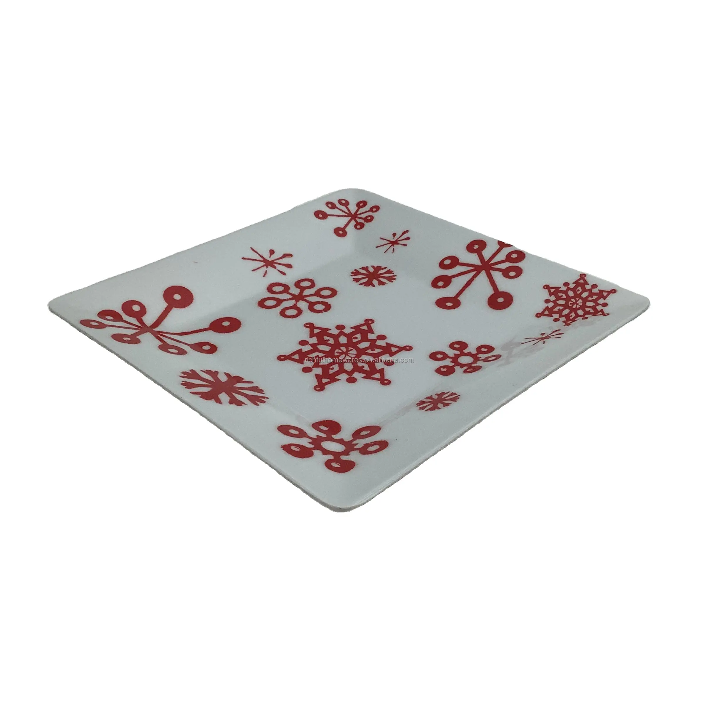 8.1"Christmas Day square red and white snow design melamine plate Factory customized sell cheap food safe