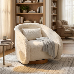 Poltrona Girevole Moderna in Tessuto Teddy <span class=keywords><strong>Beige</strong></span>, Rotonda a 360 Gradi, con Seduta Imbottita e Base in Legno per Salotti Accoglienti - Product Image 1