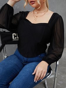 春秋方领女加大码优雅衬衫无背长膨化袖短上衣 - Product Image 2