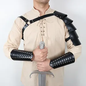 पुरुषों का काला पु चमड़े का शोल्डर कवच और ब्रेसर सेट, आर्म गार्ड के साथ रेट्रो मध्यकालीन सिंगल-शोल्डर कवच