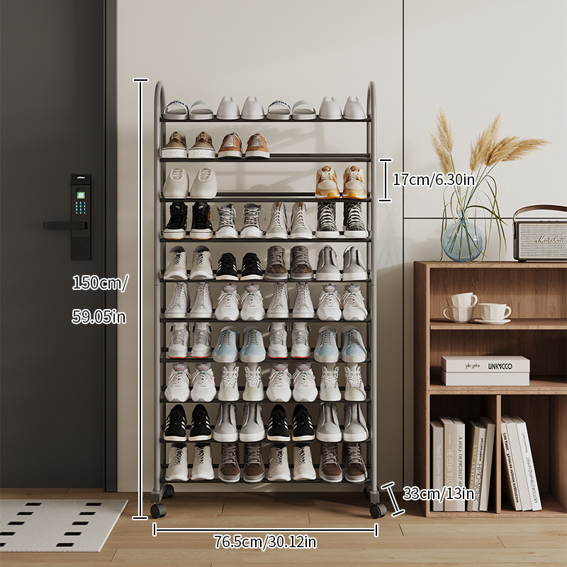 Étagère à chaussures argentée à 10 niveaux avec roulettes