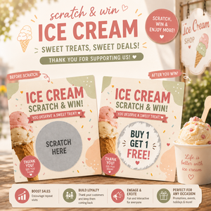 Tarjetas de Regalo Promocionales para Helados con Logotipo Personalizado Impreso Profesionalmente, Tarjetas Rasca y Gana a Color - Product Image 1