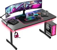 Bureau de jeu OEM avec pieds en métal en forme de T, plateau large, texture fibre de carbone, porte-gobelet et support pour casque – Poste de travail informatique