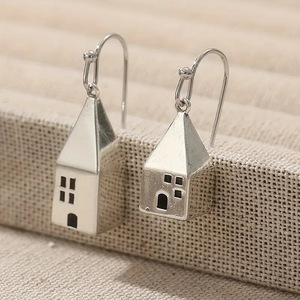 Pendientes de Gancho con Diseño de Casa Texturizada Vintage para Mujer, Joyería de Moda Arquitectónica Creativa - Product Image 1
