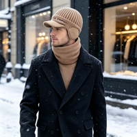 Ensemble bonnet d'hiver pour homme, épais et chaud, tricoté avec cache-oreilles et cache-cou, bonnet thermique en tricot pour le ski, le cyclisme et la randonnée