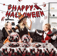 Kit de Vaisselle Jetable pour Fête d'Halloween : Assiettes en Carton, Gobelets, Serviettes, Nappe, Fourchettes, Bannière Joyeux Halloween et Fournitures