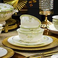 Service de table en porcelaine fine à bord doré motif feuille verte pour 10 personnes et plus, idéal pour la maison, les mariages et les réceptions - Compatible lave-vaisselle et réutilisable