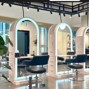 กระจกสองด้านสำหรับร้านทำผมวัสดุไม้สำหรับร้านตัดผมทันสมัยมีความเงางามสูง - Product Image 4