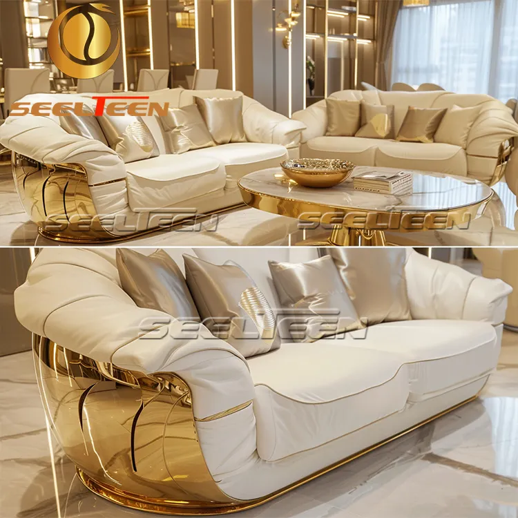 Set Sofa kulit emas mewah, furnitur ruang tamu Set Sofa kulit mewah