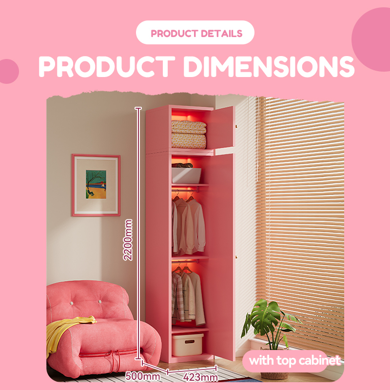 Pink Single Door Wardrobe with Top Cabinet