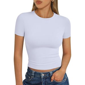 Camiseta corta informal de manga corta para mujer, camisetas sin mangas de punto básicas con cuello redondo, ropa de verano - Product Image 1