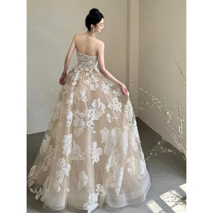 Strapless Lace Ball Gown Wedding Dress Floral Embroidered Organza Tulle Natural Waistline Bridal Reception Dress - Product Image 5