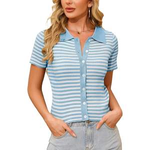2025 <b>Women's</b> Casual V Neck Shirt Tops <b>Short</b> <b>Sleeve</b> Striped Pullover Sweater <b>Cardigan</b> Ribbed Knit Design - Product Image 1