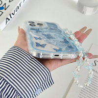 Coque de téléphone portable en TPU avec motif papillon bleu cristal et bracelet, bord ondulé effet crème glacée pour iPhone 11 12 13 14 15 16 17 Air