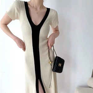 Abiti dal Design alla Moda con Scollo a V, Maniche Corte, Contrasto di Colori, Vestito Estivo in Maglia Femminile, Slim, <span class=keywords><strong>Vintage</strong></span> ed Elegante - Product Image 5