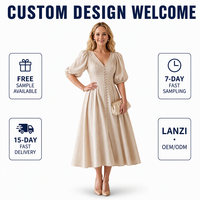 Robe midi en lin personnalisée pour femme, col en V, manches courtes bouffantes, plissée, décontractée, unie, grande taille, pour l'automne