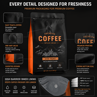 Sachet d'emballage pour grains de café imprimé sur mesure, directement de l'usine, 500g, fond plat, doublure en aluminium, avec valve et fermeture éclair, pour café de spécialité