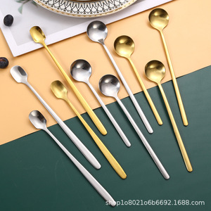 Cuillère en acier inoxydable à long manche, petite cuillère ronde pour café, miel, desserts, cocktails, durable, couleur unie - Product Image 1