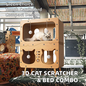 Großhandel Custom Size Katzen spielzeug Naturholz Katzen haus & Scratcher Combo-Abnehmbares Katzen bett mit Karton Scratcher Board - Product Image 5