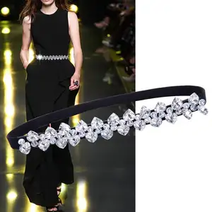 Luxury Crystal Belt Thin For Dress,Elastic Floral Rhinestone Girdle Belts for Women 1.5CM
