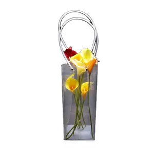 Custom Promotional Printed Orchid Flower Packaging Portable Handled Bag Transparent Plastic Carrier