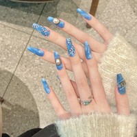 Faux Ongles Artificiels Cercueil Extra Longs Bleus Faits Main à Coller ABS 10 Pièces – Kit de Faux Ongles 3D Bleus avec Motifs