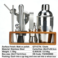 Ensemble d'outils de bar en acier inoxydable, kit de 13 pièces pour cocktails, shaker à cocktails, kit de mixologie pour barman avec support