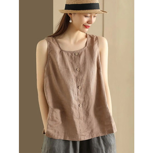 Cotton Linen Sleeveless Tank Top Blue Summer Loose Fit Button Front Casual Top - Product Image 3