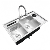 Évier de cuisine double bac carré en acier inoxydable 304 à ultrasons fait main avec égouttoir intelligent pour un montage facile sur plan de travail