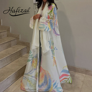 Abaya com Estampa <span class=keywords><strong>Floral</strong></span> em Aquarela para Mulheres Muçulmanas, Kimono Aberto em Chiffon, Vestido Maxi Islâmico por Atacado de Dubai - Product Image 1