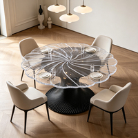 Maßgefertigter Esstisch mit Harz-Swirl-Sockel, Blumenförmige Transparente Acryl-Tischplatte, Traditioneller Antiker Handgefertigter Luxus-Wohnzimmertisch
