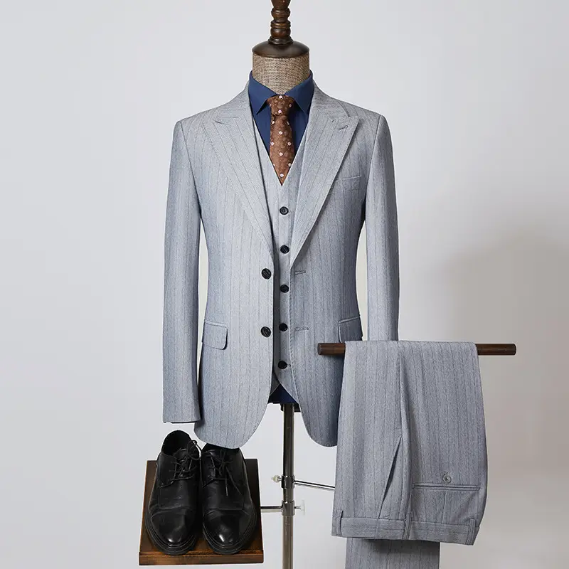 M-4XL New Striped Suits Men's Korean Slim Light Gray Casual Suits Three-piece Men suits