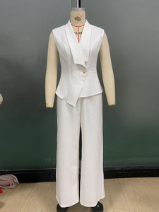 <span class=keywords><strong>Conjunto</strong></span> de Blazer Blanco sin Mangas para <span class=keywords><strong>Mujer</strong></span>, Pantalones de Pierna Ancha, Top Asimétrico con Cuello en V Elegante, Traje Formal de 2 Piezas para Oficina o Fiesta - Product Image 4