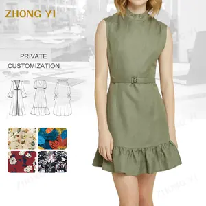 Custom 2024 Trend Summer Womens Linen Rayon Fabric Design Stand Neck Sleeveless Mini Dress Clothing Office Casual Dresses