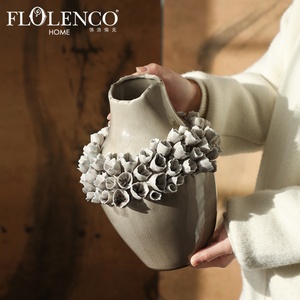 Flolenco Hand Sculpted <strong>3D</strong> Flower Adorned Ceramic <strong>Vase</strong> Curved Organic Shape Floral <strong>Vases</strong> for Boutique Hotel Interior Decor - Product Image 1