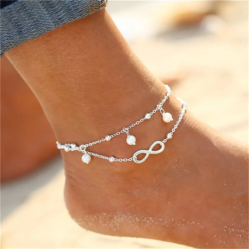 Boho Double Chain Ankle Bracelets Silver Infinite Anklets Pearl Beach Foot Bracelet Jewelry for Women and Girls BHAP003